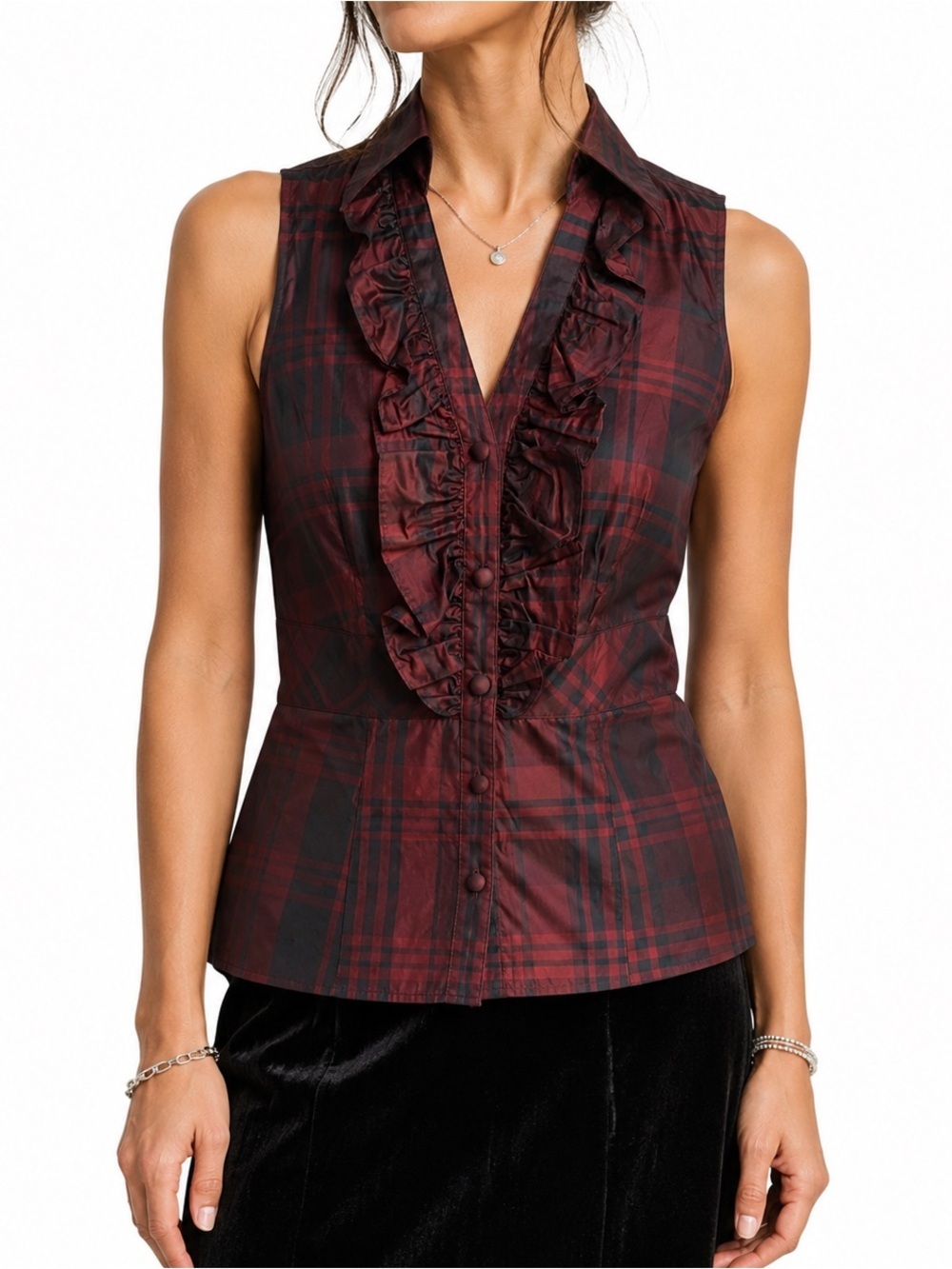 Ann Taylor Silk Taffeta Ruffle Sleeveless Top Collared V-neck Plaid Red BLK 8 P